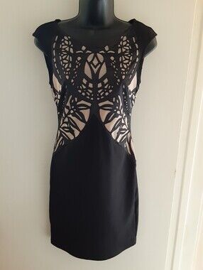 Lipsy London Black Illusion Cutout Bodycon Dress Mesh Lace Mini US 4